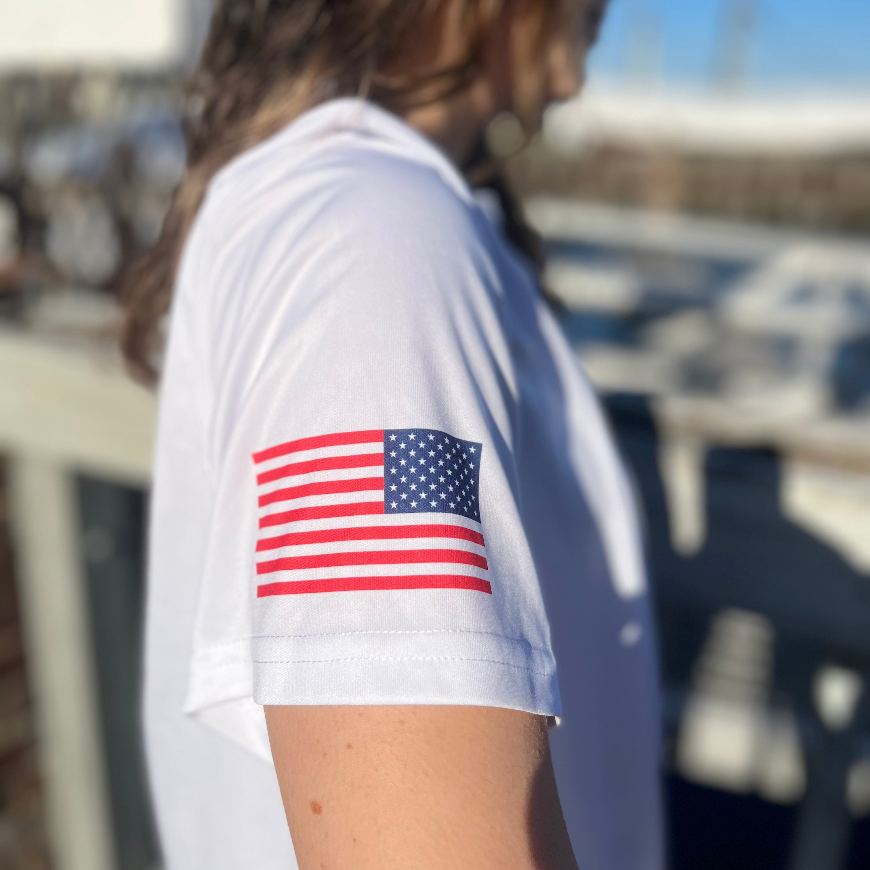 American Flag Women's Dri-Fit Custom Boat Shirts - Short Sleeve