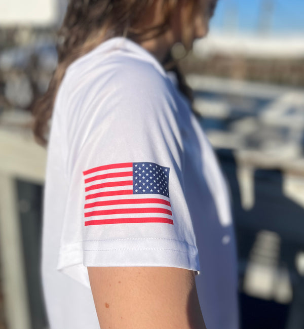 American Flag Women's Dri-Fit Custom Boat Shirts - Short Sleeve