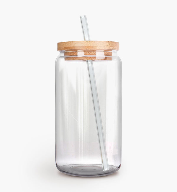 Custom Can Glass With Bamboo Lid and Reusable Straw