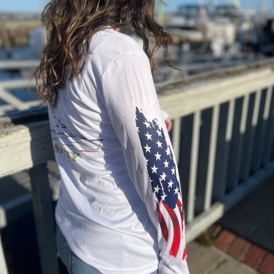 American Flag Women's Dri-FIT Custom Boat Shirts - Long Sleeve White / M